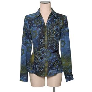 VINTAGE Y2K 90's EVELYN Blue Green Print Button Up Shirt Top 10